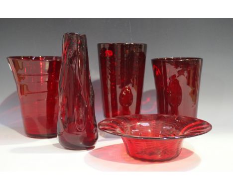 Five pieces of Whitefriars ruby glass, including a wave ribbed tumbler vase, height 20.5cm, and a ribbon trailed tapered vase