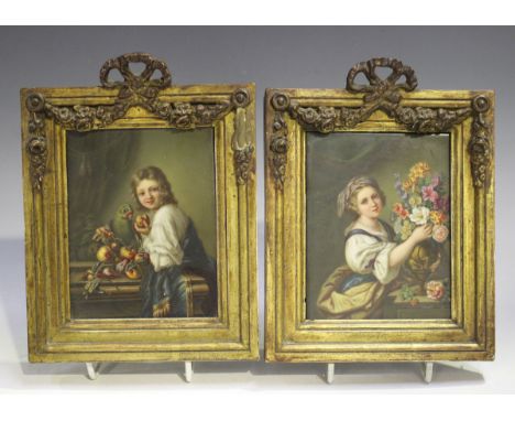 A pair of Continental porcelain rectangular plaques, late 19th century, the first painted with a girl and a parrot eating fru