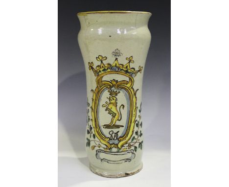 A tin-glazed earthenware albarello, probably Spanish (Seville), late 18th/19th century, the waisted body polychrome painted w