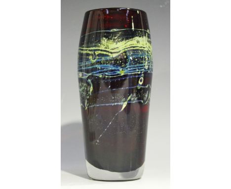 A Whitefriars studio range glass vase, 1970s, designed by Geoffrey Baxter, the ruby body with blue spiral detailing, height 1