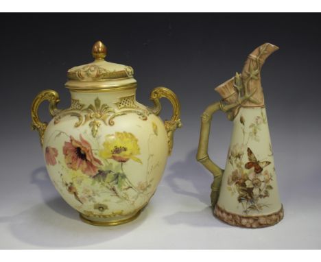 A Royal Worcester two-handled potpourri vase and cover, circa 1892, enamelled with flowers against a blush ground, height 25c