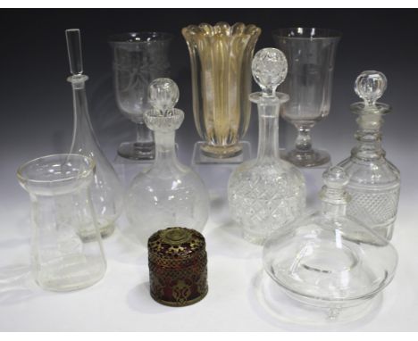 A collection of glassware, including celery vases, various decanters and stoppers, an Archimede Seguso aventurine vase and a 