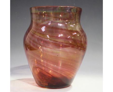 A Whitefriars streaky vase, circa 1930, the baluster shape probably designed by Harry Powell, No. 1258, with ruby and amber c