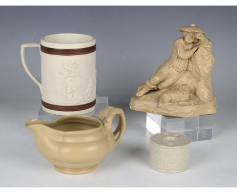 A Turner white feldspathic stoneware mug, circa 1800, sprigged with figures taking an archery lesson between chocolate brown 