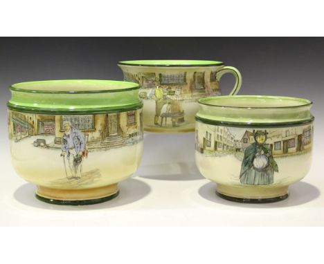 Three Royal Doulton Dickens Ware pieces, first half 20th century, comprising two graduated Lennox shape jardinières and a cha
