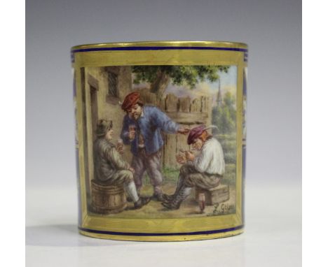 A Sèvres style cobalt blue ground coffee can, mid to late 19th century, painted with a scene of three gentlemen drinking, sig