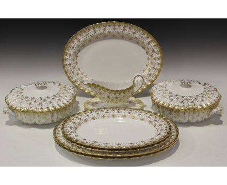 A Spode bone china gold Fleur De Lys pattern part service, pattern No. Y7063, comprising two tureens and three covers, five g