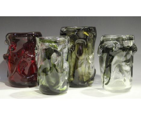 Three Whitefriars knobbly range glass vases, 1964-72, designed by Geoffrey Baxter, each with streak decoration, height of tal