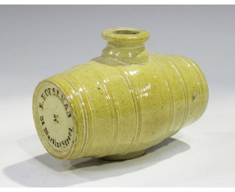 An unusual stoneware barrel inkwell, 19th century, the buff body with moulded coopered bands, impressed to one end 'R. HOUSEM