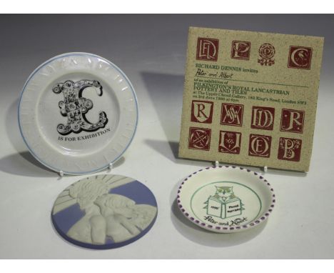 Three Richard Dennis exhibition pottery invitations, comprising a Wedgwood jasperware circular plaque, entitled 'Sun and Wind