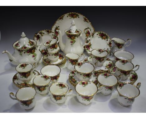 A Royal Albert Old Country Roses pattern part service, comprising coffee pot and cover, teapot and cover, cake plate, six tea