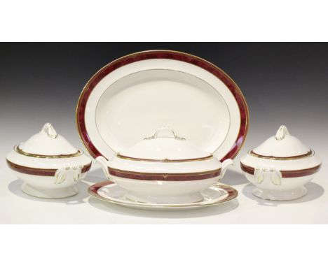 A Spode Bordeaux pattern part service, comprising two graduated oval platters, three tureens and covers, vegetable dish, sauc