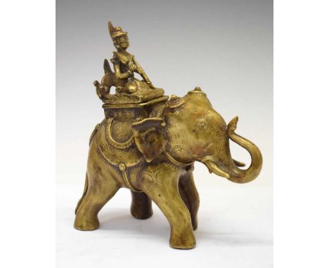 Indian bronze elephant-form incense burner, 19th Century, modelled with removable howdah cover having a seated figure in cere