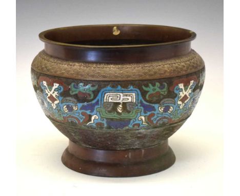 Chinese champleve enamel and bronze footed jardiniere, circa 1900, 30cm diameter x 23cm highCondition report: Enamel with ove