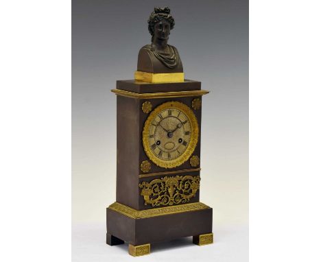 Early 19th Century French bronze and ormolu library clock, anonymous, Charles X circa 1825-1830, 8cm silvered Roman dial with