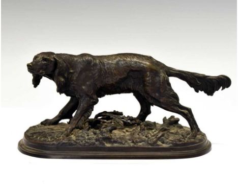 After Pierre Jules Mene (1810-1874) - Bronze Setter dog, on naturalistic base, 33cm long x 15cm highCondition report: Some la