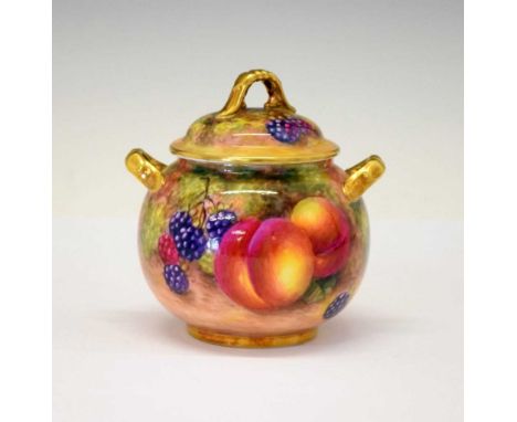 Royal Worcester porcelain fruit-painted sucrier and cover, signed ‘Freeman’, black printed mark, date code for 1958, 10.5cm h