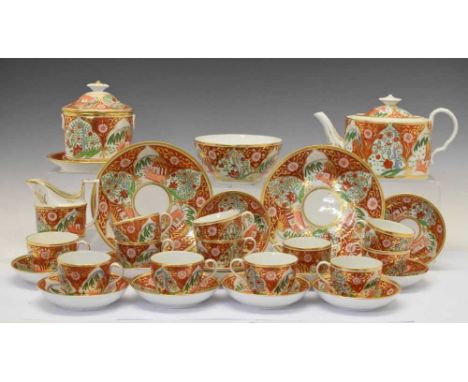 John Rose Coalport part tea service, painted and gilded in a Japan pattern in burnt orange, pale blue and green, comprising: 