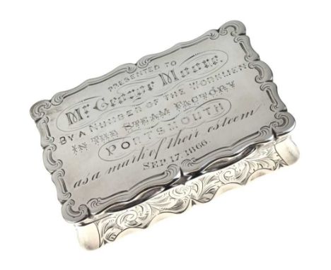 Maritime Interest - Victorian silver table snuff box of rectangular form with engraved floral decoration, the hinged lid havi