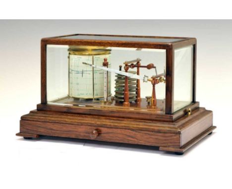 Oak cased barograph signed Negretti &amp; Zambra, London on the brass bed plate, with seven tier vacuum also fitted with a th