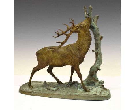 After Pierre Jules Mene (1810-1879) - 'Cerf al a branche', a bronze stag reaching for a branch, 38cm wide x 36.5cm high (for 