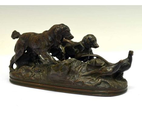 After Antoine-Louis Barye (1796-1875) - Bronze group of two dogs raising pheasant, 24cm long x 12cm highCondition report: Goo