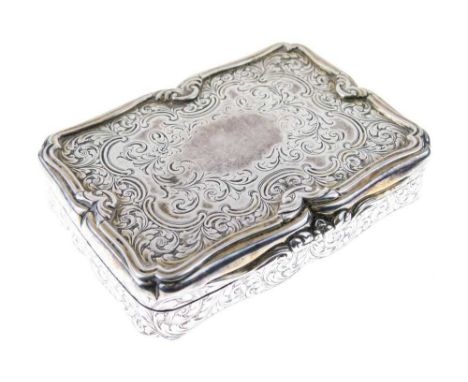 Victorian silver table snuff box of shaped rectangular form with engraved floral decoration with applied scroll borders and t