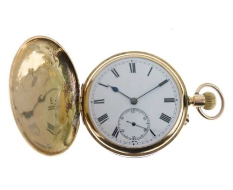 George V 18ct gold full hunter pocket watch, white Roman dial with sunken subsidiary at 'VI', and monogrammed engraving to fr