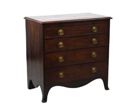 Late George III mahogany chest of drawers with brushing slide, the moulded rectangular top over four graduated cockbeaded dra