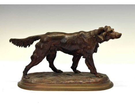 After Jules Moigniez (1835-1894) - Bronze figure of a setter dog, in stalking pose, 34.5cm x 20cm highCondition report: Reddi