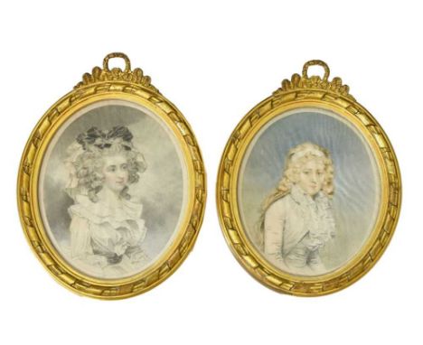 Pair of late 18th Century colour stipple engraved portraits both indistintly signed in pencil to the lower margin, in giltwoo
