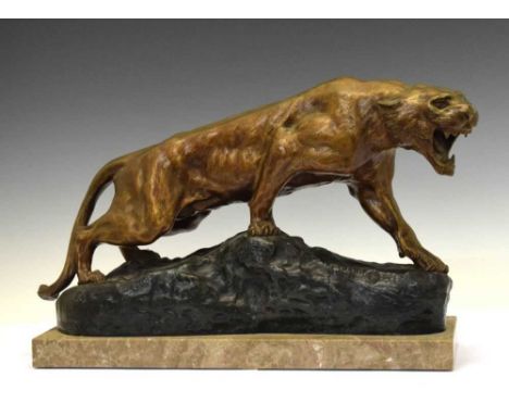 After Thomas-Francois Cartier (French, 1879-1943) - Large bronze model of a panther, modelled in crouching, snarling pose on 