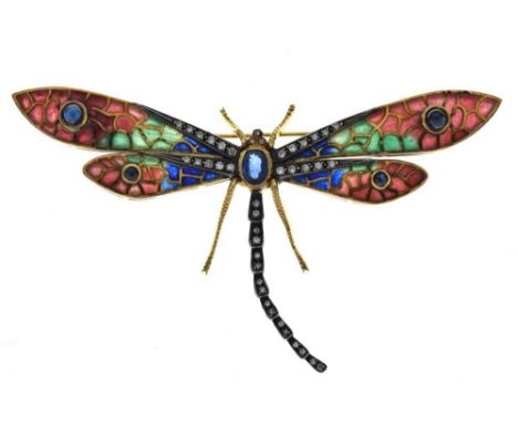 Plique a Jour, diamond and sapphire set dragonfly brooch, in yellow metal, 9cm wingspan, 21g gross approxCondition report: Th