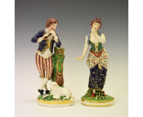 Pair of early 19th Century Bloor Derby porcelain shepherd and shepherdess figures, modelled as a shepherd against a tree stum