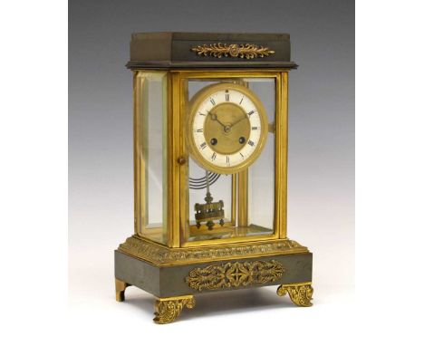 French lacquered and anodised brass four-glass mantel clock, Japy Freres / Richard &amp; Cie, 3.75-inch white Roman chapter r