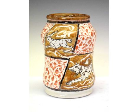 Arts &amp; Crafts period Albarello, the waisted cylindrical body painted with panels of stylised heraldic type dog and hare a