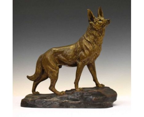 After Louis-Albert Garvin, (French, 1875-1951) - Large gilt bronze figure of an Alsatian or German Shepherd dog, signed in th