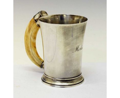 Elizabeth II silver mug of tapering form with boar tusk handle, sponsors mark of William Suckling Ltd, Birmingham 1953, 14.5c