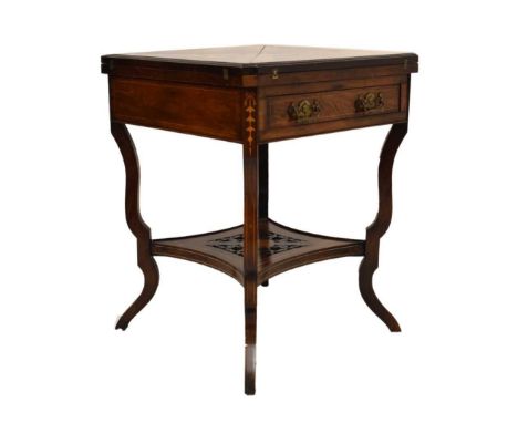 Late 19th Century inlaid rosewood envelope card table, the segmented top inlaid with classical motifs opening to a green baiz