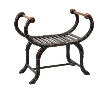 19th Century Chinese carved hardwood stool or window seat of c-scroll design, the slatted seat framed by prunus decoration to