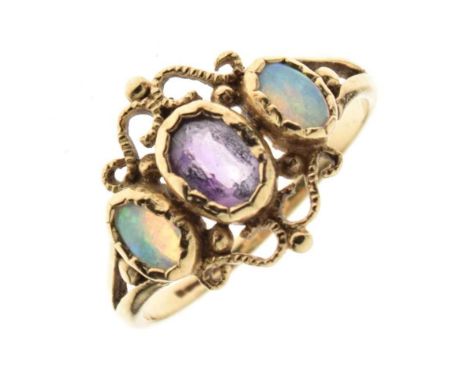 Three stone opal and amethyst 9ct gold ring, size K½, 1.9g gross approx