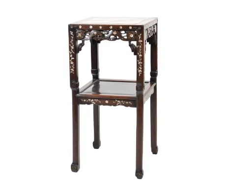 Early 20th Century Chinese hardwood and mother-of-pearl inlaid two-tier stand or occasional table, the square top inset with 