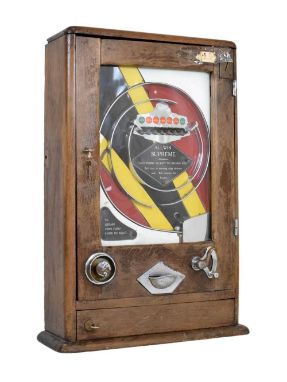 1950s oak cased "Penny-in-the Slot" Allwin Supreme flicker machine with multicoloured back panel, housed in oak case with chr