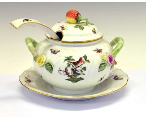 20th Century Herend sauce tureen and ladle, osier moulded and painted in the Rothschild Birds pattern, printed and painted ma