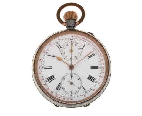 Early 20th Century gunmetal pocket watch stopwatch, white enamel Roman dial with subsidiaries at 'XII' &amp; 'VI', outer cent