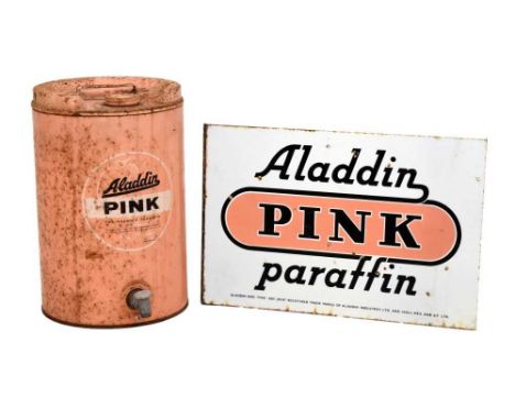 Advertising - 'Aladdin Pink Paraffin', double sided enamel sign 36 x 53cm, together with a large enamelled counter-top dispen