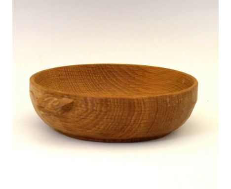 Workshop of Robert 'Mouseman' Thompson, late 20th Century English oak bowl with adzed exterior and carved mouse signature, 17