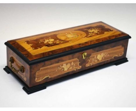 Modern Reuge of Switzerland cylinder music box, with 22cm barrel playing three airs (variations of 'La Truite'), the case wit