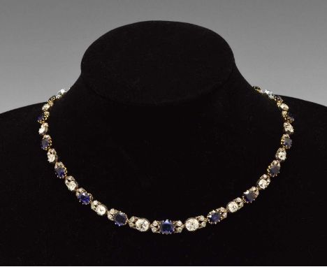 Late Victorian diamond and sapphire necklace, alternate set with graduated silver collet set old brilliant cut diamonds and t