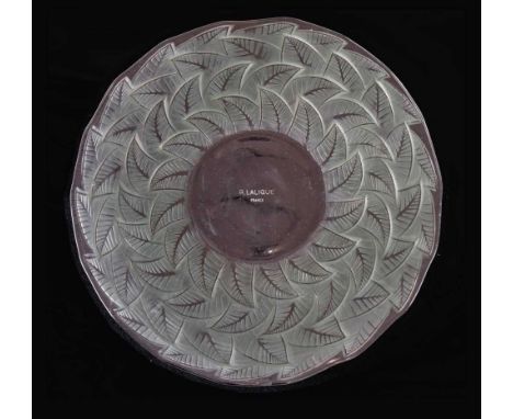 Lalique glass 'Ormeaux' pattern plate, pre-1945, of wavy circular form with moulded leaf decoration, etched signature R LALIQ